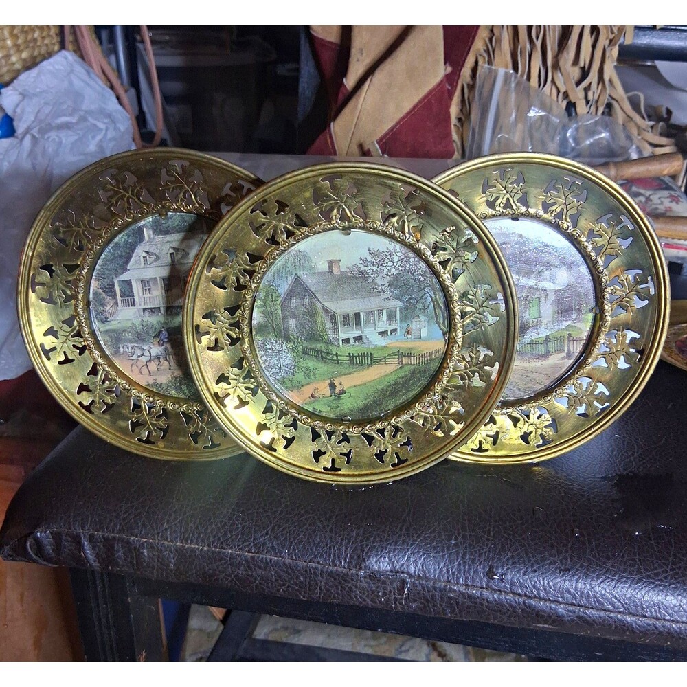 Vintage Peerage English Brass Currier & Ives Foil Wall Plaques - Set of 3